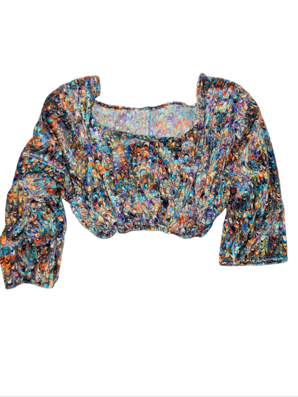 Colorful Metallic Peacock-Print Crop Top - Multicolor